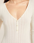 Pointelle V Neck Henley - Ivory