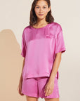 Inez Washable Silk Short Sleeve Tee & Boxer PJ Set - Italian Rose