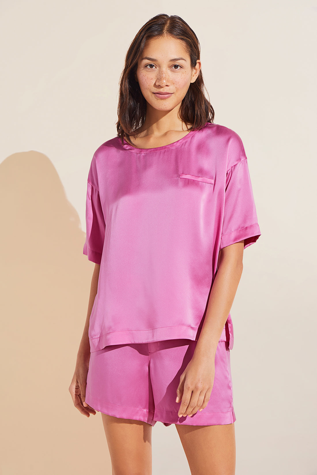 Inez Washable Silk Short Sleeve Tee &amp; Boxer PJ Set - Italian Rose