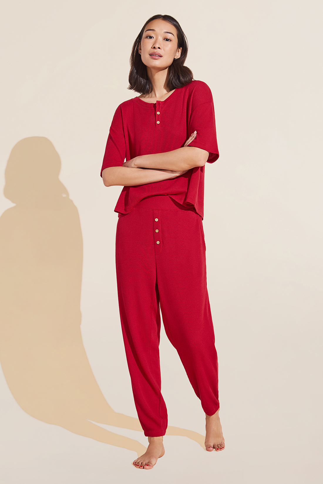 Cozy TENCEL™ Modal Waffle Short Sleeve &amp; Pant PJ Set - Haute Red