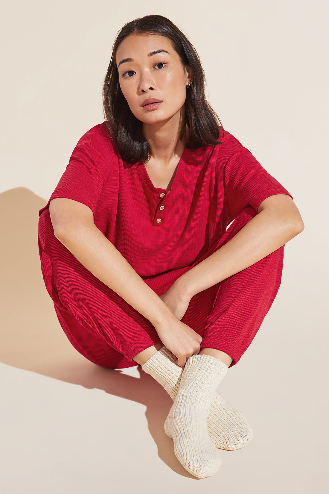 Cozy TENCEL™ Modal Waffle Short Sleeve &amp; Pant PJ Set - Haute Red