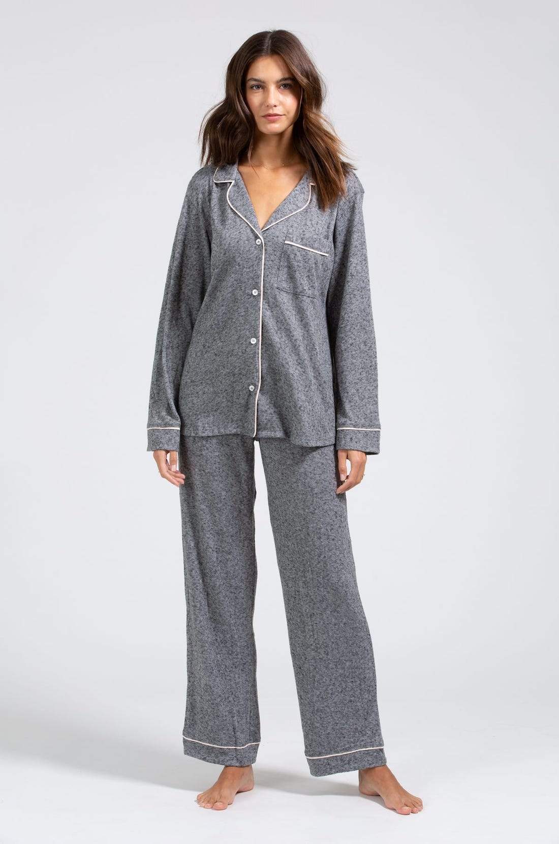 Bobby Brushed Knit Long PJ Set - Heather Grey/Bellini