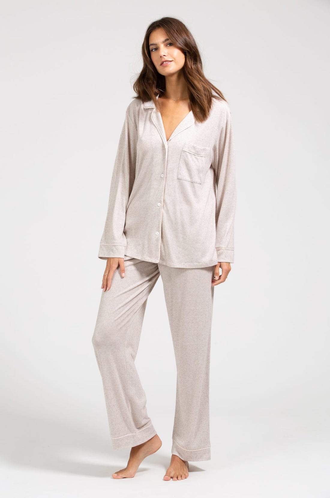 Bobby Brushed Knit Long PJ Set - Oatmeal Heather/Bellini